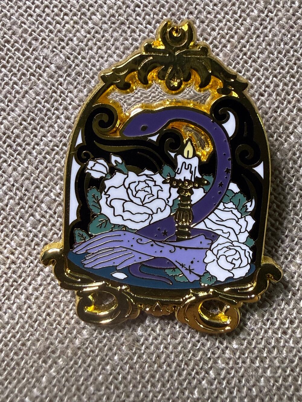 Gothic Purple Snake Hands Roses & Candle Gold Tone Enamel Pin